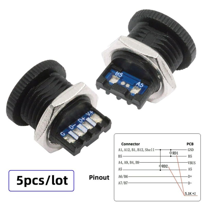 Cablecc 5pcs/Set DC Power 5V/20V DIY OEM Type C Female Socket Connector to 6Pin PCBA Pinout PD IP67（Scew Nut Mount Type） - Image 4